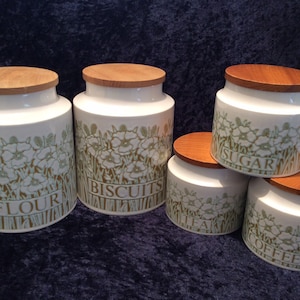 1970s Hornsea Fleur storage jars: large Biscuit jar, large Flour jar, small Tea, Coffee and Sugar jars, Hornsea England Fleur, Sarah Vardy