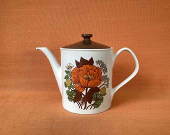 1970s St Michael orange poppy teapot, retro Marks & Spencer Poppies teapot (2 pint), 1970s St Michael orange poppy,retro flower power teapot
