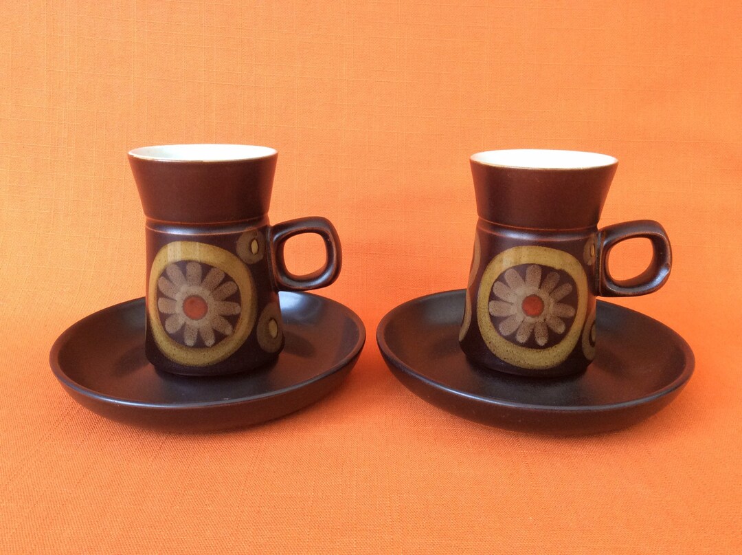 1960s Denby Arabesque Cups and Saucers, Denby Arabesque Tall Coffee Cups, 1960s Denby Samarkand