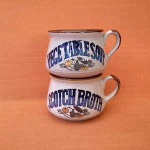 1980s rustic soup bowls/mugs (sold as a pair), labelled soup mugs, retro soup bowls with handles, vegetable soup bowl, scotch broth mug