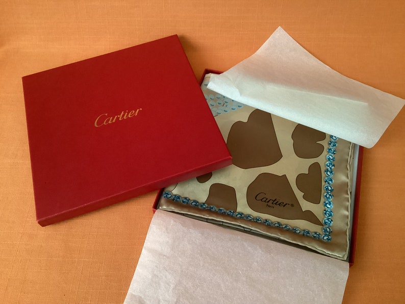 Cartier silk scarf in the 1990s Panthère design, unworn in original box & packaging, vintage Cartier 100% silk scarf (66cm x 66cm) image 2