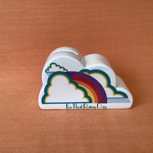 Cute Art Deco style ceramic money box ‘For That Rainy Day’, clouds and rainbows money box, retro piggy bank, Art Deco style money box