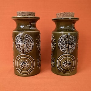Può includere: Due barattoli in ceramica verde oliva con tappi in sughero. I barattoli hanno una forma cilindrica con disegni floreali e geometrici bianchi in rilievo. Lo sfondo è di colore arancione.