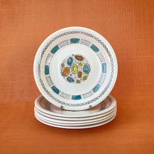Broadhurst Kathie Winkle ‘Corfu’ tea plates (set of 6), 1968 Kathie Winkle design, retro Broadhurst ironstone Corfu side plates, sixties