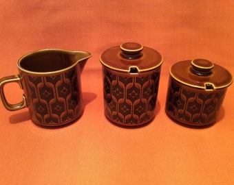 1970s Hornsea Heirloom Autumn Brown milk jug, Hornsea Heirloom creamer, Hornsea Heirloom condiment pot & lid, Hornsea Heirloom sugar bowl