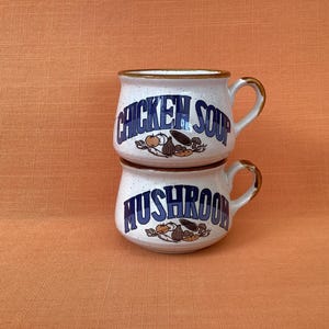 1980s rustic soup bowls/mugs (sold as a pair), labelled soup mugs, retro soup bowls with handles, chicken soup bowl, mushroom soup bowl