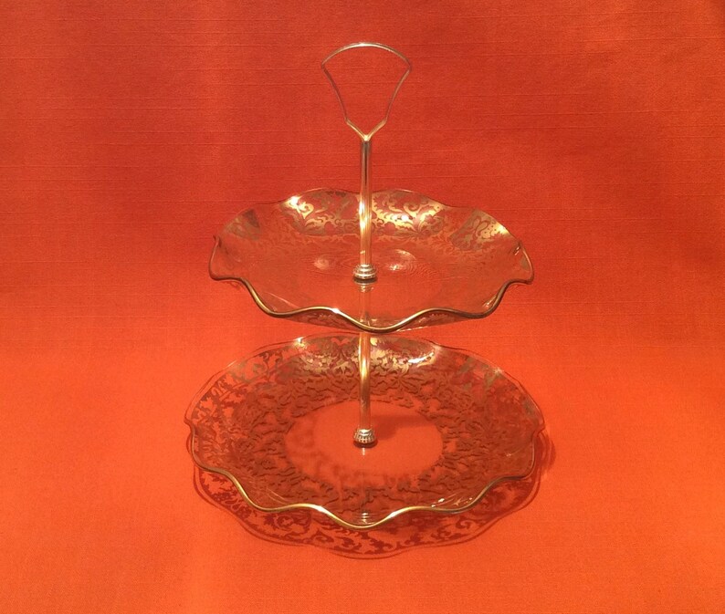 Vintage Twotiered Glass Cake Stand With Gold Decoration Etsy