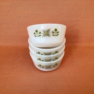 Set of 4 Anchor Hocking Fire King custard bowls/ramekins in the Meadow Green pattern, Fire King Meadow Green custard bowls, made in the USA