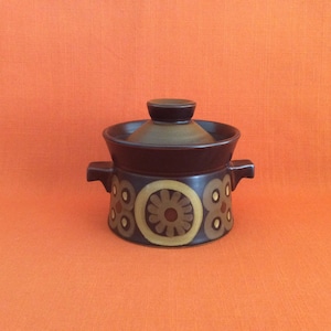 1960s Denby Arabesque lidded pot, vintage Denby Samarkand Brown, Denby sugar bowl with lid, Arabesque soup bowl with lid, small Denby tureen