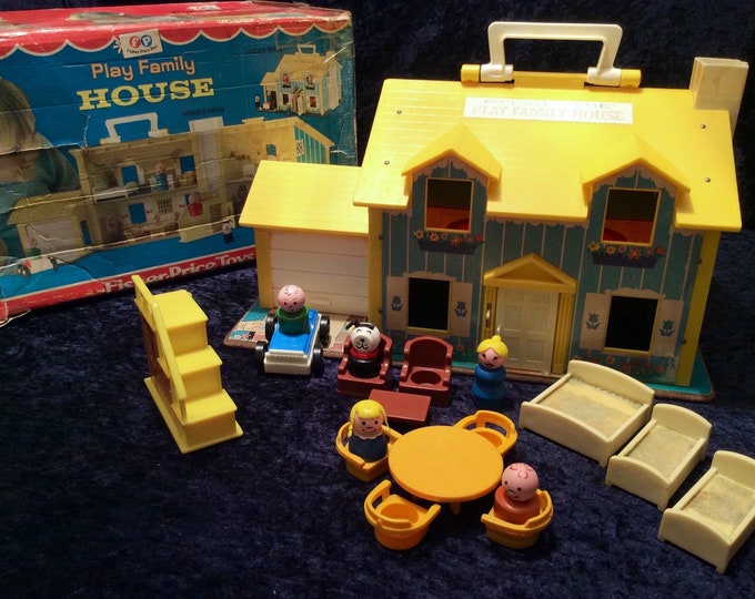 Vintage COMPLETE 1970s Fisher Price Play Family House With Original Box
