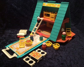 1974 COMPLETE Fisher Price Play Family ‘A’ Frame House, Fisher Price Little People, vintage Fisher Price A Frame, retro Fisher Price toys