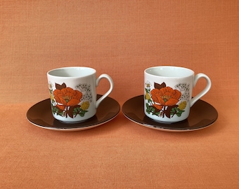 1970s St Michael Poppies cups and saucers (sold in pairs), retro Marks and Spencer Orange Poppy tableware, retro cups & saucers, 1970s cups