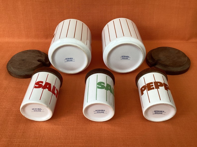 1980s Hornsea Brown Stripe Jam and Marmalade jars sold separately, Hornsea Stripe Salt and Pepper pots, Hornsea Green Stripe, Red Stripe image 3