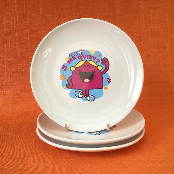 Little Miss Chatterbox tea plates “You want me to be quiet?” (sold individually), Mr Men and Little Miss, Roger Hargreaves, Mr Men plates