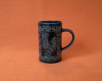 Large Surrey Ceramics mug in a birds design, dark teal blue cockerel mug, studio pottery, Surrey Ceramics studio pottery, folk art style