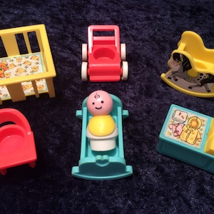 Vintage Fisher Price nursery set COMPLETE with baby! Rocking horse, play pen, changing table, chair, buggy, cot, Fisher Price Little People