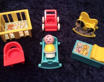 Vintage Fisher Price nursery set COMPLETE with baby! Rocking horse, play pen, changing table, chair, buggy, cot, Fisher Price Little People