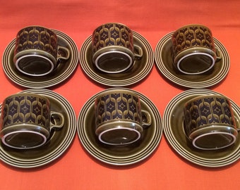 Hornsea Heirloom Lakeland Green cups and saucers (sold in pairs), retro John Clappison design
