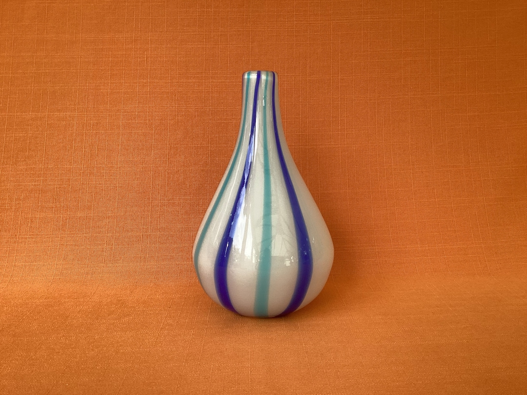 Midcentury Cased Glass Vase With Blue Striped Design, Hand Blown Candy