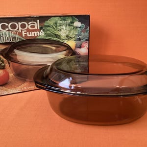 1980s Arcopal Fumé casserole dish, unused in original box, retro Arcoroc 3.5 litre dish
