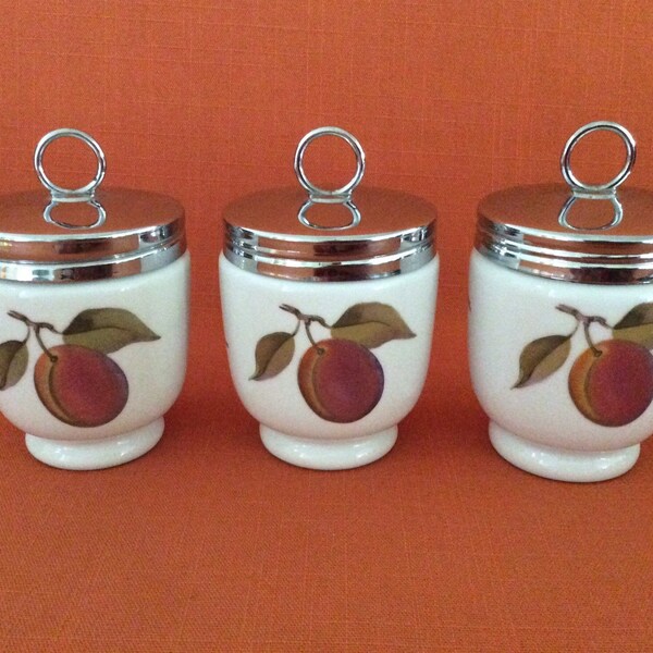 Royal Worcester Kingsize ‘Evesham’ Egg Coddlers with plum and red currants (sold as one pair & one single), Evesham Kingsize egg coddlers