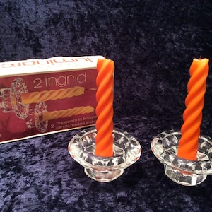 1970s Luminarc Ingrid candleholders with original orange wax candles, ‘Ingrid’ retro candleholders, JG Durand design for Luminarc