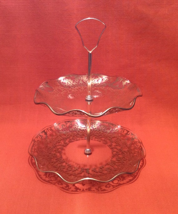 Vintage Twotiered Glass Cake Stand With Gold Decoration Etsy