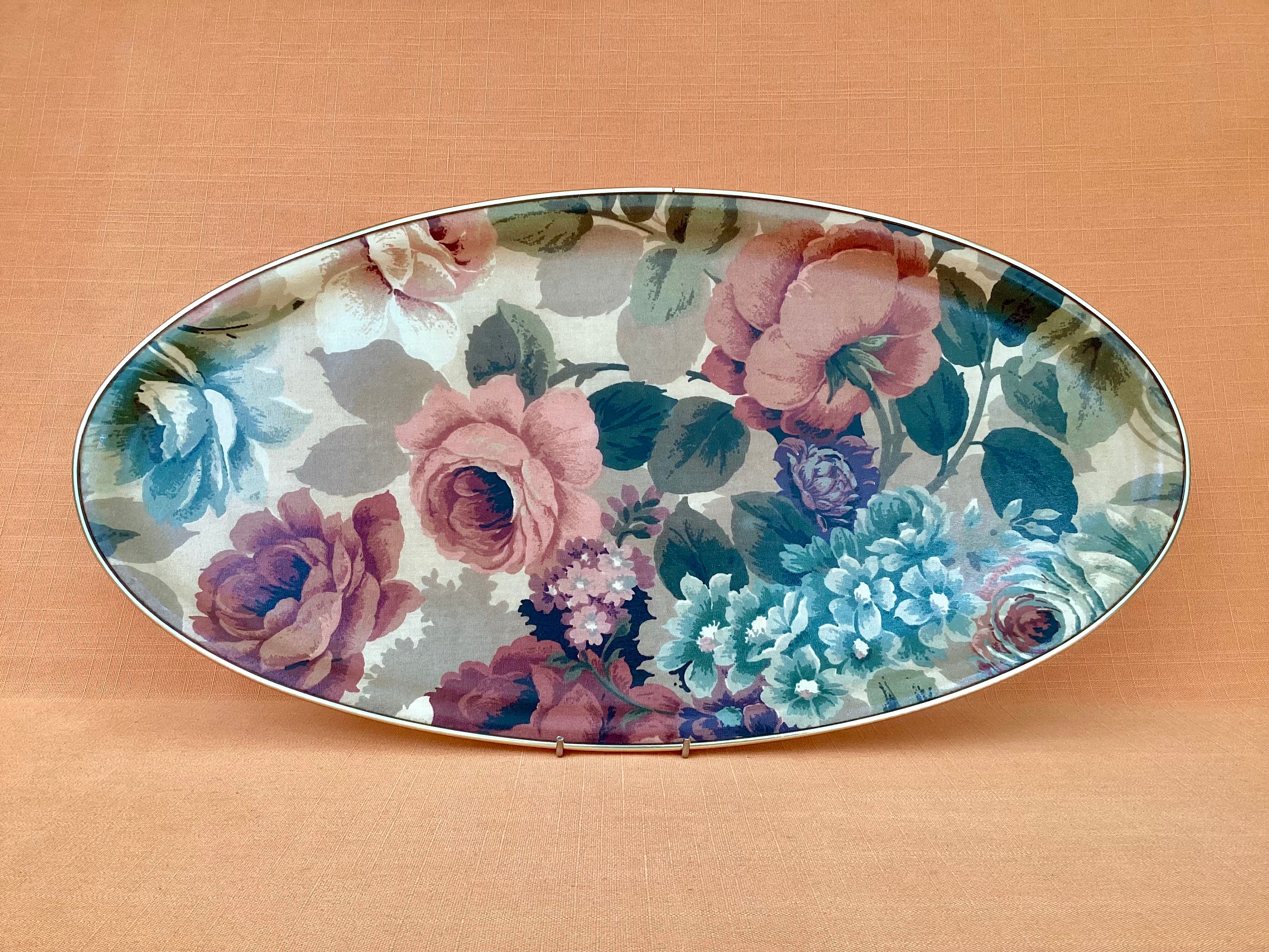 Vintage Arnold Designs Floral Tray: Fibreglass Oval Tray With Gold