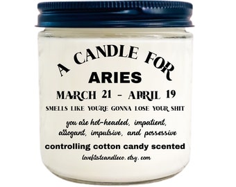 ARIES ZODIAC CANDLE funny,  gift box option, soy wax scented candle, cotton candy scent, zodiac, Aries, Aries zodiac, zodiac gifts, Aries