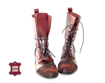 Shoes, Leather Boots, Handmade Lace Up Boots, Dark Red Ankle Boots, Handmade Boots Women, Boots, Vintage Boots, Tall Lace Up Boots,
