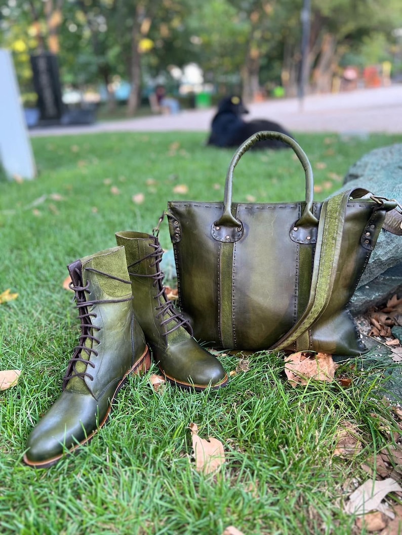 Botas de couro verde, botas feitas à mão, botas verdes com cadarço femininas, botas, botas vintage, botas de couro femininas, botas verdes antigas imagem 6