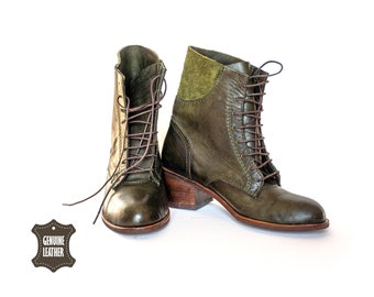 Green Leather Boots, Handmade Boots, Green Lace Up Boots Women, Boots, Vintage Boots, Leather Boots Women, Green Antique Boots