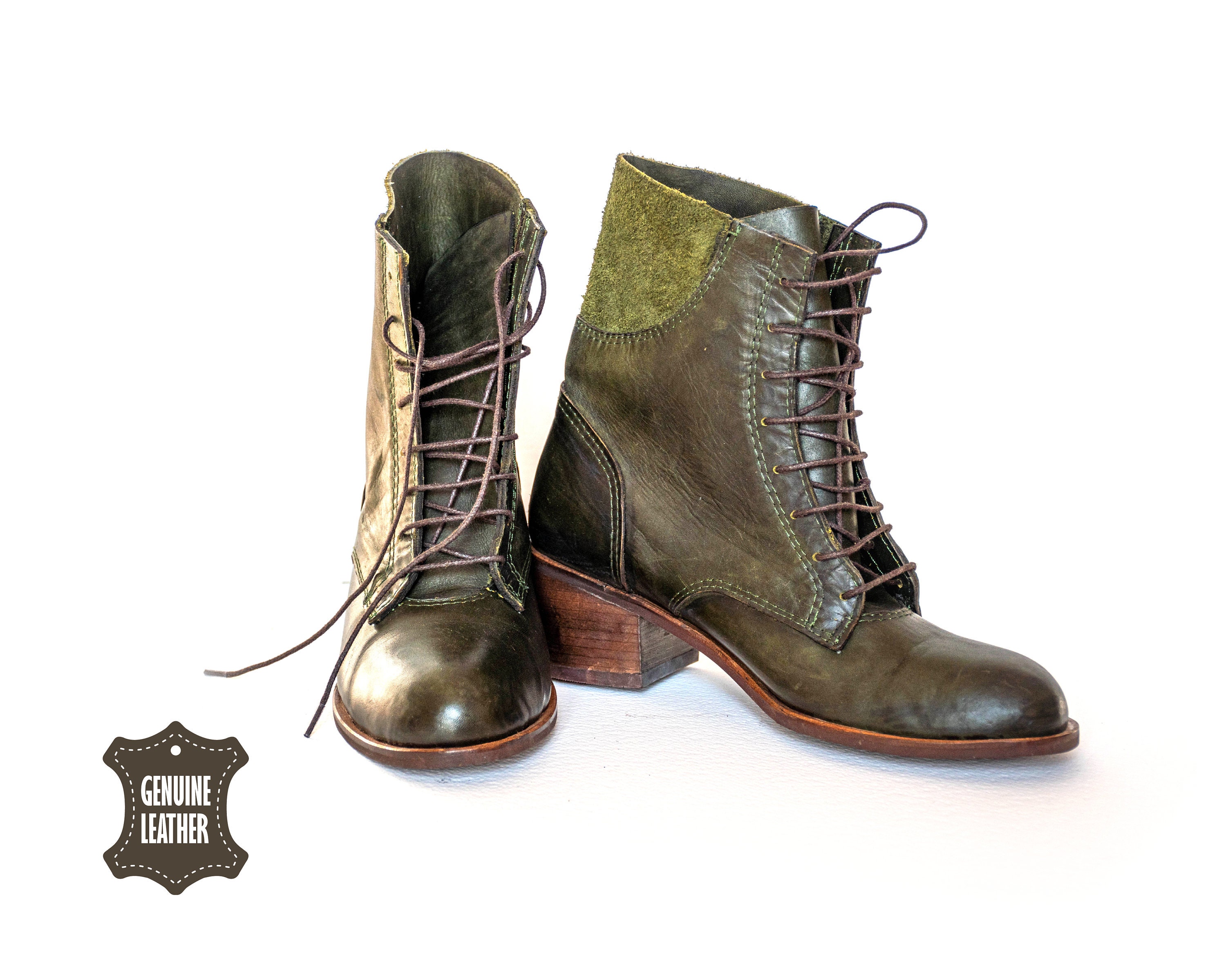 Green Leather Boots, Handmade Boots, Green Lace up Boots Women, Boots