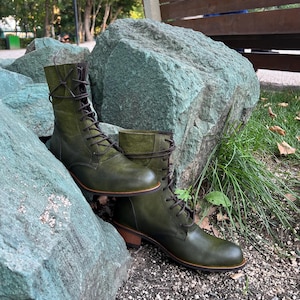 Green Leather Boots, Handmade Boots, Green Lace Up Boots Women, Boots, Vintage Boots, Leather Boots Women, Green Antique Boots