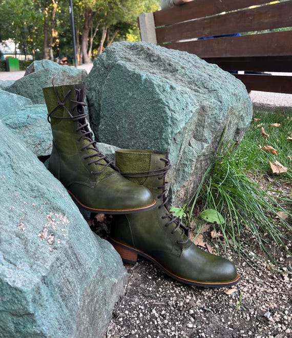 Green Leather Boots, Handmade Boots, Green Lace Up Boots Women, Boots, Vintage Boots, Leather Boots Women, Green Antique Boots