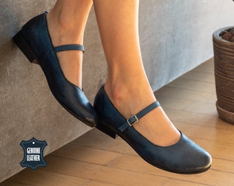 Sapatos Mary Jane azuis femininos, sandálias de couro, sapatos casuais de couro, sandálias femininas, Mary Jane's, couro genuíno