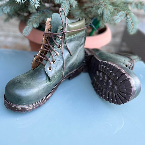 Green Leather Boots, Handmade Boots, Green Lace Up Boots Men, Boots, Vintage Boots, Leather Boots Men, Green Antique Boots