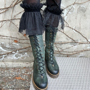 Schoenen, Leer, Dameslaarzen, Groene leren laarzen, Handgemaakte veterlaarzen, Enkellaarsjes, Handgemaakte laarzen dames, Laarzen, Hoge veterlaarzen,