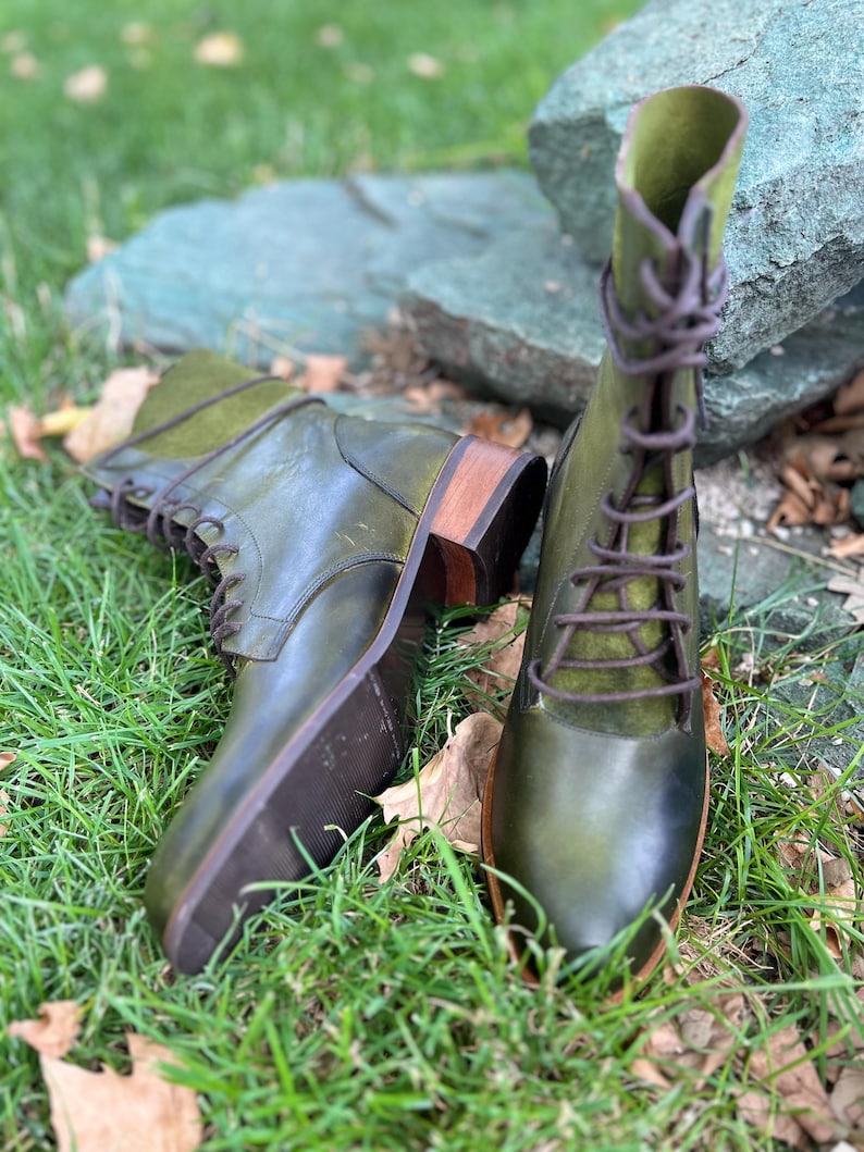 Botas de couro verde, botas feitas à mão, botas verdes com cadarço femininas, botas, botas vintage, botas de couro femininas, botas verdes antigas imagem 4