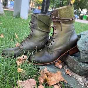 Botas de couro verde, botas feitas à mão, botas verdes com cadarço femininas, botas, botas vintage, botas de couro femininas, botas verdes antigas imagem 2