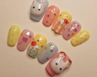 Size Medium - Kawaii Bunny Cat Press On Nails - Ready To Ship - Handpainted Nail Art - Short Coffin Gel Nails