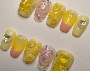Size Medium - Kawaii Lemon Press On Nails - Ready To Ship - Handpainted Nail Art - Short Coffin Gel Nails