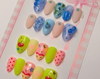 Inspired Kawaii Press On Nails - Ready To Ship - Hand painted Nail Art - Short Nails - XXL Nails - Anime Nails - Cute Press Ons