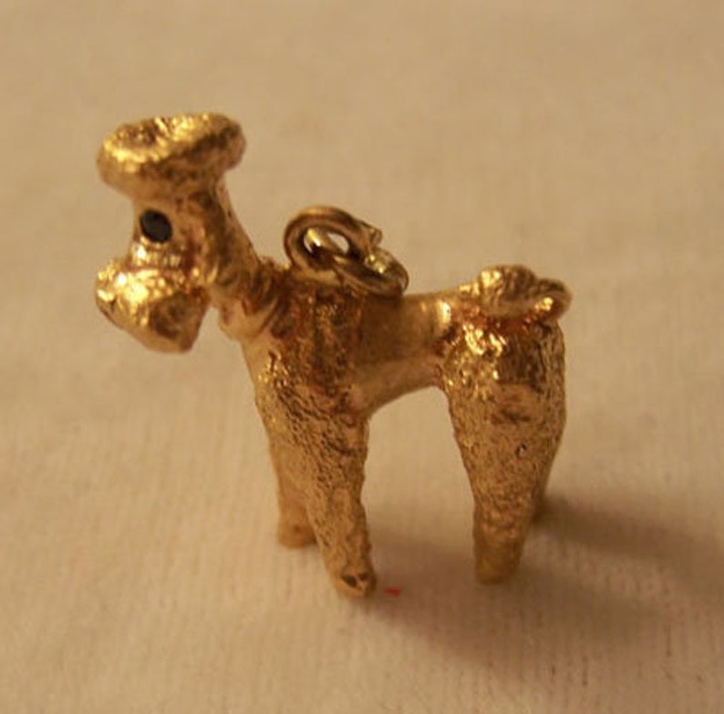 14k Gold POODLE Charm Real SAPPHIRE Eyes 1950's Bracelet Charm Jewelry