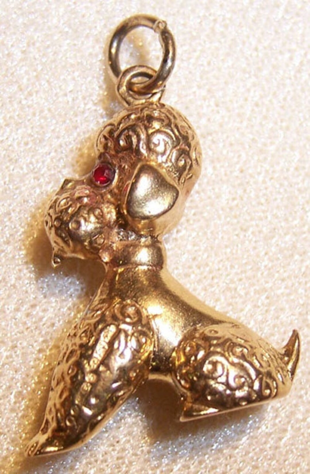 Vintage English 9k Gold Charm Poodle Dog Ruby Eyes 1950's Charm