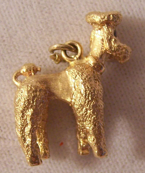14k Gold POODLE Charm Real SAPPHIRE Eyes 1950's Bracelet Charm Jewelry