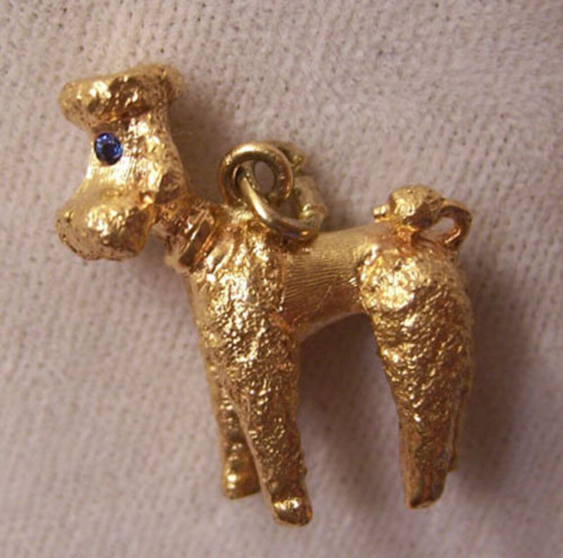 14k Gold POODLE Charm Real SAPPHIRE Eyes 1950's Bracelet Charm Jewelry