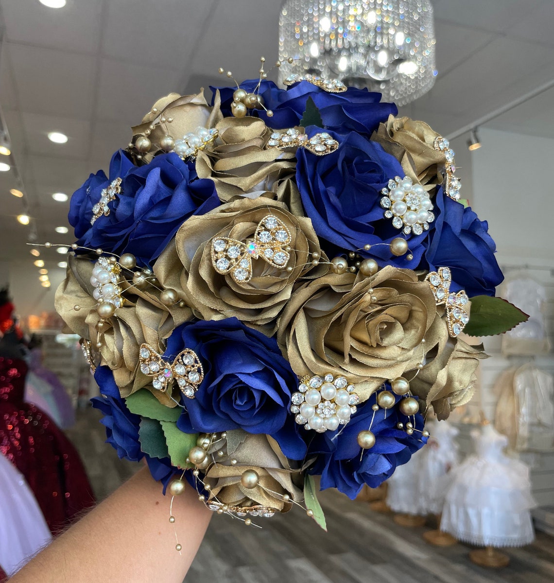 Gold and Royal Blue Quinceañera Bouquet image 1