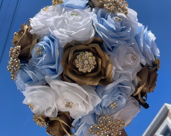 Gold Ivory and Baby Blue Quinceanera Bouquet