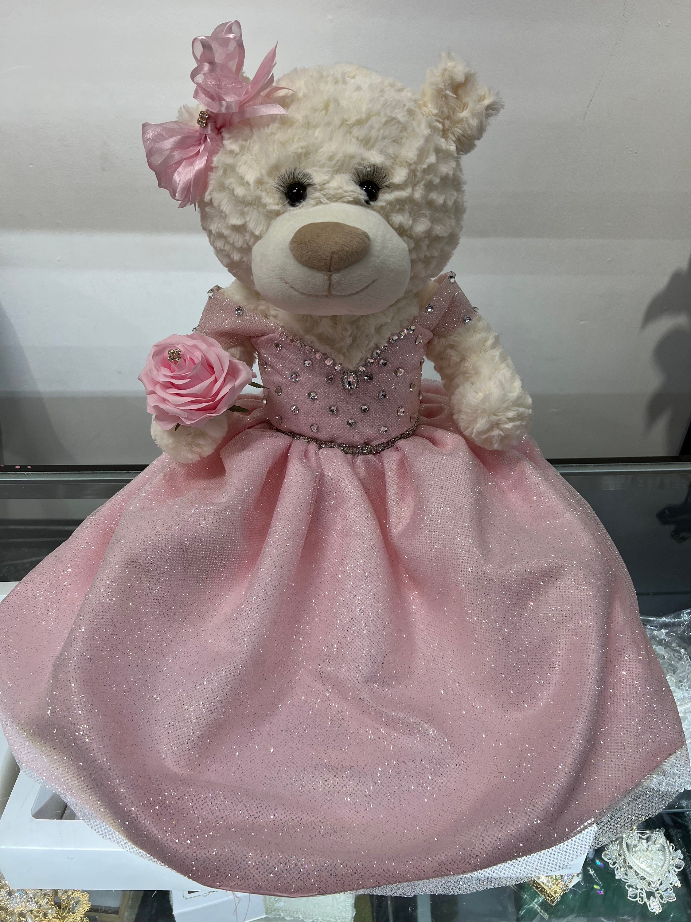 pink teddy dress Quinceanera/ Sweet 16 Teddy Bear. Fuchsia Dress